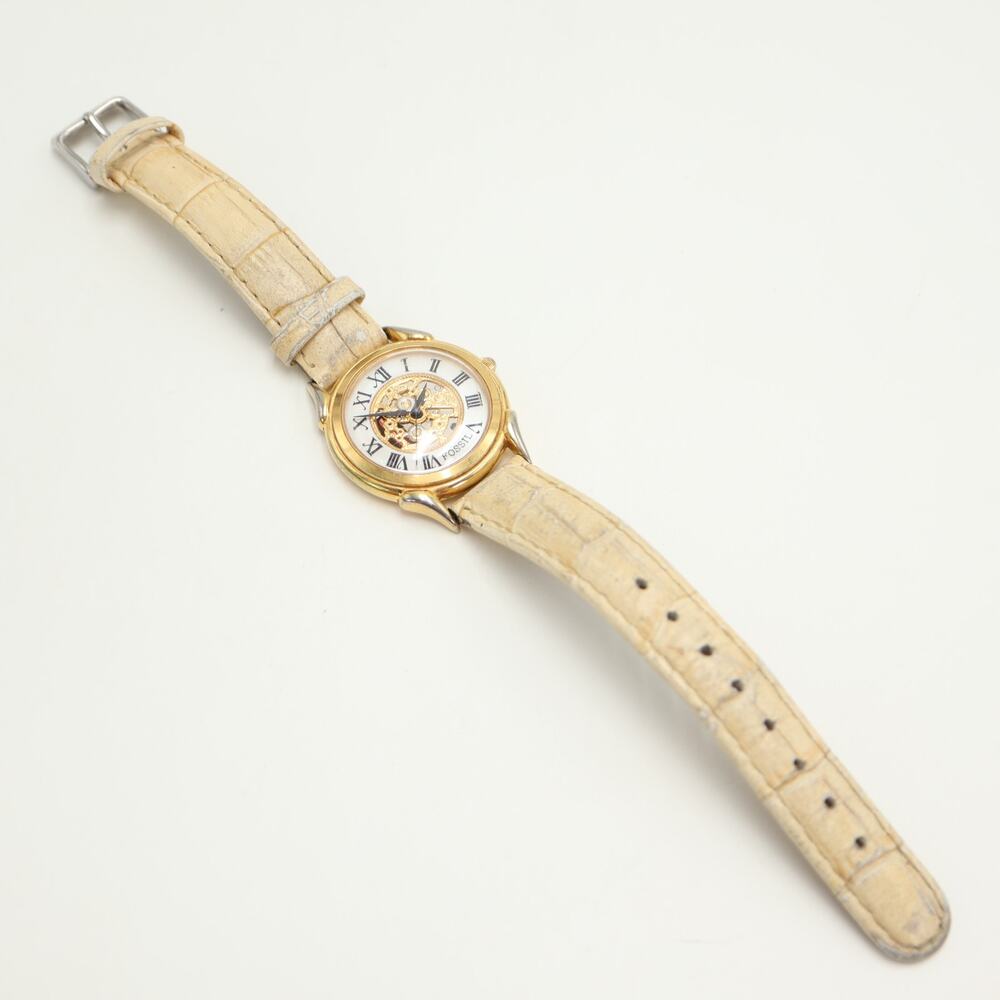 Vintage Fossil Faux Skeleton MOP 34mm Unisex Watch Beige Leather w New Battery - Picture 12 of 15